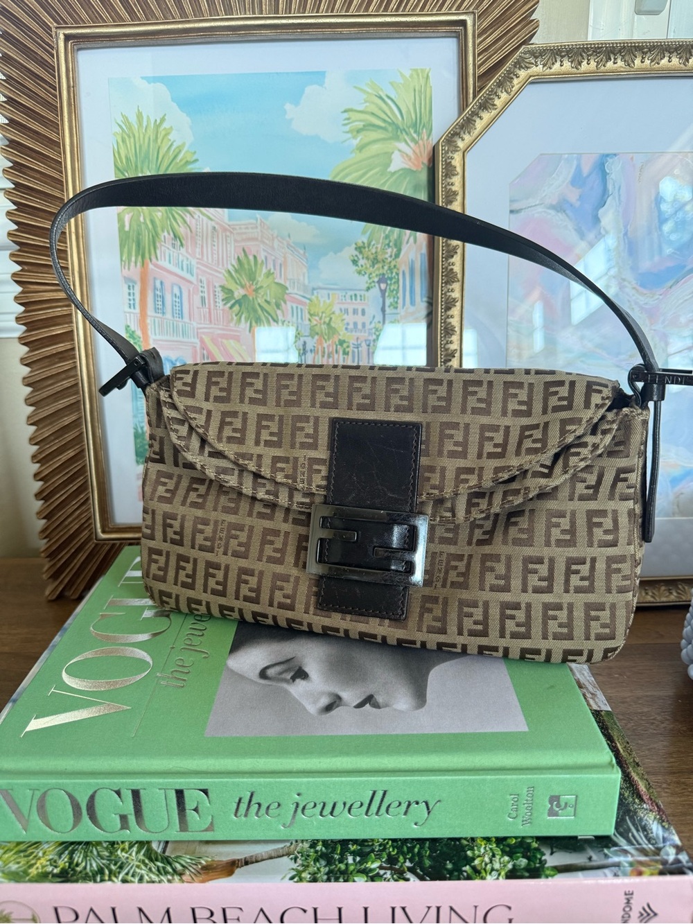 Fendi Brown FF Logo Shoulder Bag with Black Strap